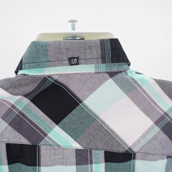 DAMAGED Amplify Black White Gray Plaid Small Button Front Dress Shirt Short Slee - Picture 7 of 12
